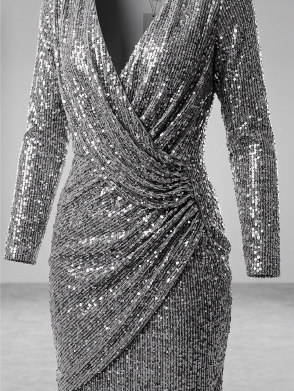 Silver Sequin Long Sleeve Faux Wrapped Cocktail Dress Size 8